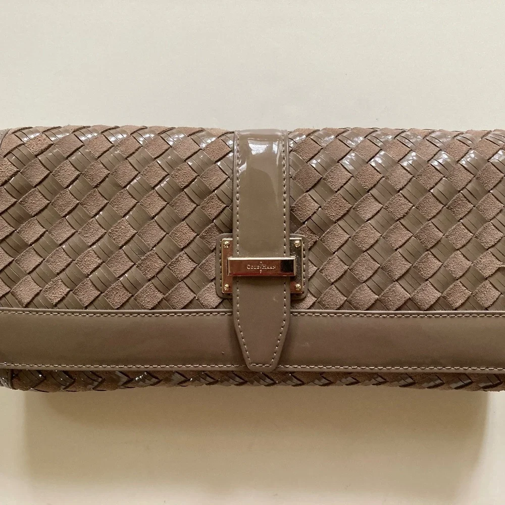 Cole Haan Izzie Clutch/Greige Suede/Heritage Weave/NEW/$228 RETAIL/NEVER USED!